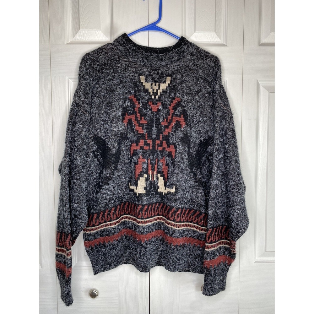 Vintage 1980's J.J. Cochran Sweater Aztec Geometric Fuzzy Knit Balloon Sleeve L